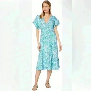 Lilly Pulitzer Midi Wrap Dress Blue Green Floral Butterfly Sleeve Smocked Waist